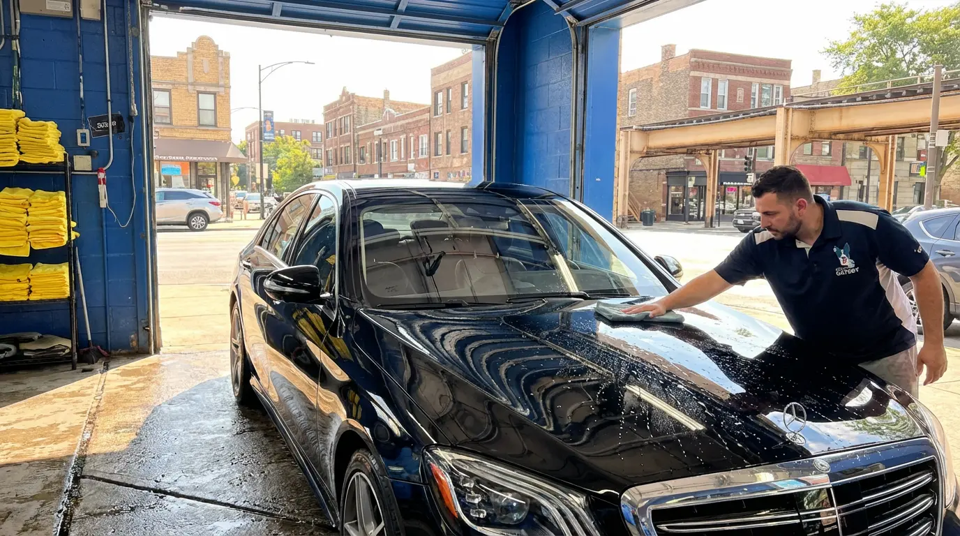 Great Gatsby Auto Spa technician hand detailing a vehicle at the Logan Square shop, Chicago